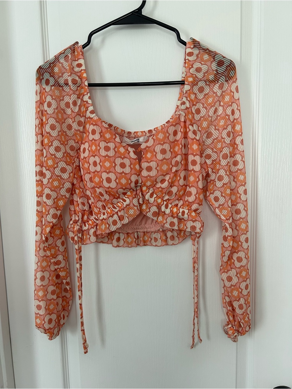 Orange Floral Ruched Long-Sleeve Cropped Blouse